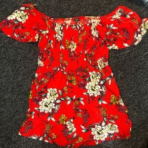 Red floral off the shoulder romper
